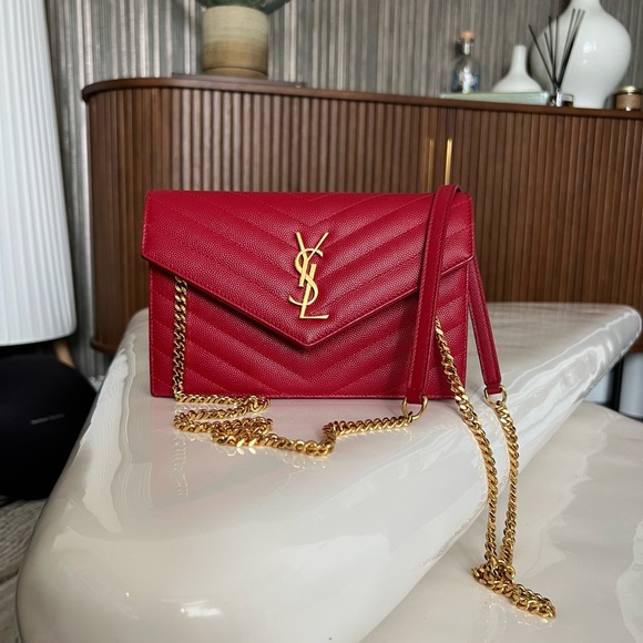 Saint Laurent Chevron Monogram Envelope Chain Wallet (Red) - Picture 1 of 8